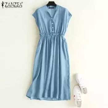 ZANZEA Женское повседневное однотонное летнее платье без рукавов с V-образным вырезом 5XL синий