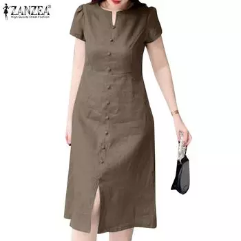 ZANZEA Женское повседневное однотонное летнее платье с круглым вырезом и коротким рукавом S синий