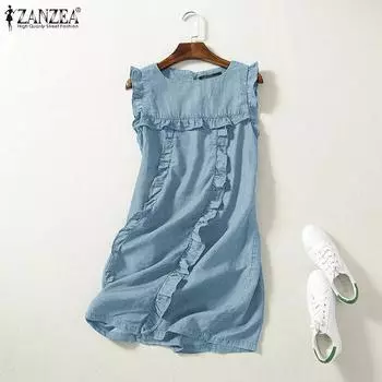 ZANZEA Женское повседневное однотонное летнее платье без рукавов с круглым вырезом 2XL синий