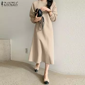 ZANZEA Женское повседневное однотонное осеннее платье-пуловер с длинным рукавом и круглым вырезом