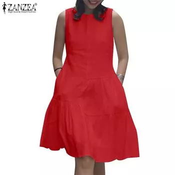 ZANZEA Женское повседневное однотонное платье без рукавов с круглым вырезом S белый