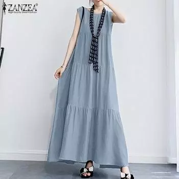 ZANZEA женское повседневное однотонное платье без рукавов с круглым вырезом, праздничное 3XL армия зеленый