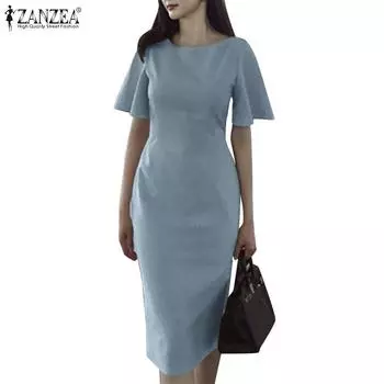 ZANZEA Женское повседневное однотонное платье-футляр с круглым вырезом и короткими рукавами