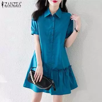 ZANZEA Женское повседневное однотонное платье-рубашка с отложным воротником и коротким рукавом 4XL синий