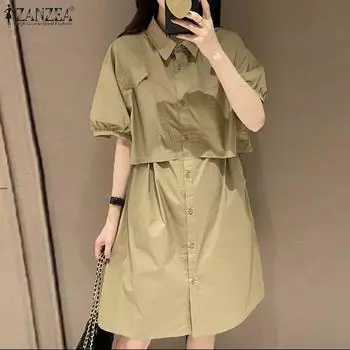 ZANZEA Женское повседневное однотонное платье-рубашка с отложным воротником и коротким рукавом 2XL хаки