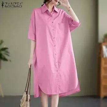 ZANZEA Женское повседневное однотонное платье-рубашка с отложным воротником и половиной рукавов 2XL розовый
