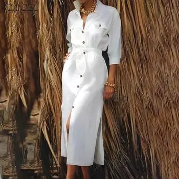 ZANZEA Женское повседневное однотонное платье-рубашка с отложным воротником и рукавом 3/4 3XL темно-синий