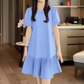 ZANZEA Женское повседневное однотонное платье с круглым вырезом и коротким рукавом S