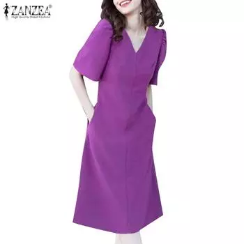 ZANZEA Женское повседневное однотонное платье с v-образным вырезом и коротким рукавом