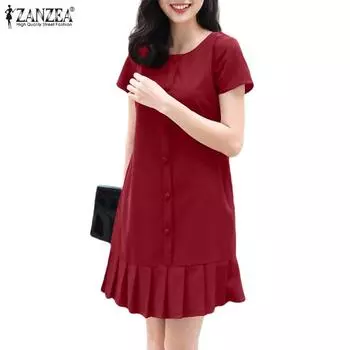 ZANZEA Женское повседневное однотонное платье с короткими рукавами и круглым вырезом