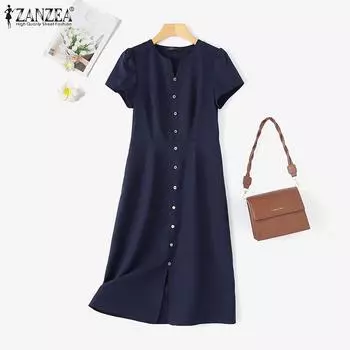 ZANZEA Женское повседневное однотонное платье с v-образным вырезом и коротким рукавом