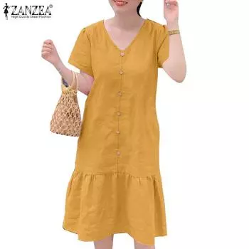ZANZEA Женское повседневное однотонное платье с v-образным вырезом и коротким рукавом