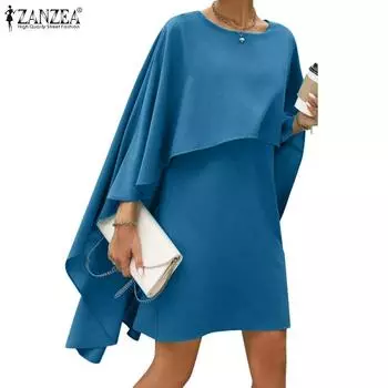 ZANZEA Женское повседневное однотонное платье с круглым вырезом и рукавами 3/4