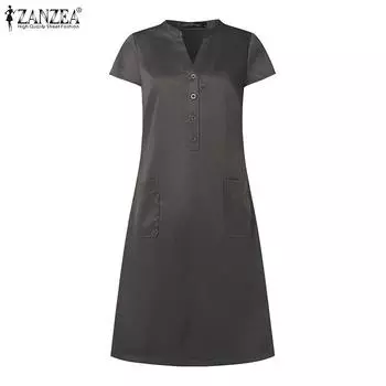 ZANZEA Женское повседневное однотонное платье с v-образным вырезом и коротким рукавом