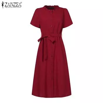 ZANZEA Женское повседневное однотонное платье с круглым вырезом и коротким рукавом 4XL темно-синий