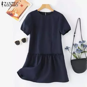 ZANZEA Женское повседневное однотонное платье с короткими рукавами и круглым вырезом