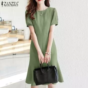 ZANZEA Женское повседневное однотонное платье с короткими рукавами и круглым вырезом