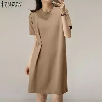 ZANZEA Женское повседневное однотонное платье с круглым вырезом и коротким рукавом