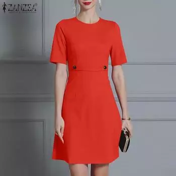 ZANZEA Женское повседневное однотонное платье с короткими рукавами и круглым вырезом