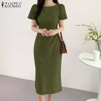 ZANZEA Женское повседневное однотонное платье с короткими рукавами и круглым вырезом