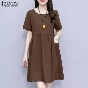 ZANZEA Женское повседневное однотонное платье с круглым вырезом и коротким рукавом