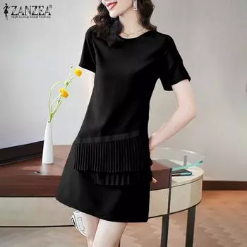 ZANZEA Женское повседневное однотонное платье с короткими рукавами и круглым вырезом