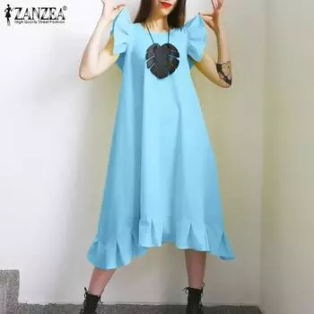 ZANZEA Женское повседневное однотонное платье с короткими рукавами и круглым вырезом с оборками XL зелёный