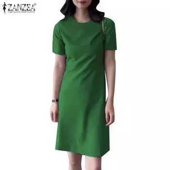 ZANZEA Женское повседневное однотонное платье с короткими рукавами и круглым вырезом M чёрный