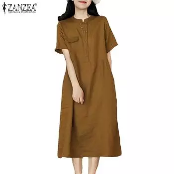 ZANZEA Женское повседневное однотонное платье с короткими рукавами и круглым вырезом