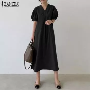 ZANZEA Женское повседневное однотонное платье с v-образным вырезом и коротким рукавом
