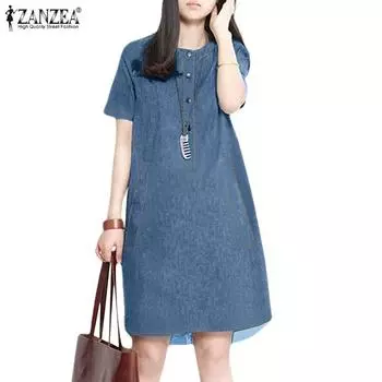 ZANZEA Женское повседневное однотонное платье с короткими рукавами и круглым вырезом