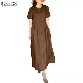 ZANZEA Женское повседневное однотонное платье с короткими рукавами и круглым вырезом