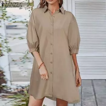 ZANZEA Женское повседневное однотонное платье с отложным воротником и короткими рукавами S чёрный