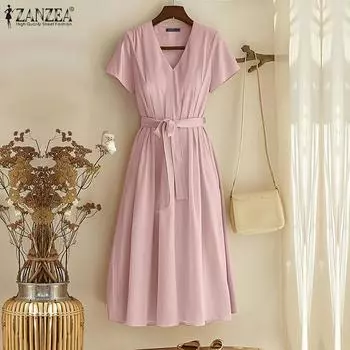 ZANZEA Женское повседневное однотонное платье с v-образным вырезом и коротким рукавом 3XL серый
