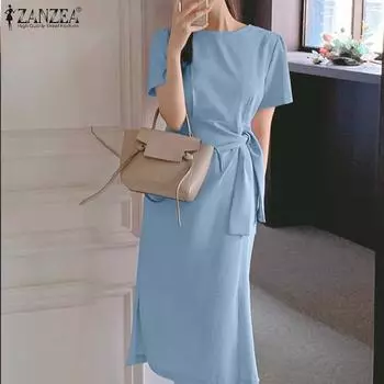 ZANZEA Женское повседневное однотонное платье с короткими рукавами и круглым вырезом