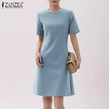 ZANZEA Женское повседневное однотонное платье с короткими рукавами и круглым вырезом
