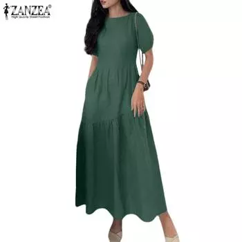 ZANZEA Женское повседневное однотонное платье с коротким рукавом и круглым вырезом, длинное летнее платье 4XL зелёный