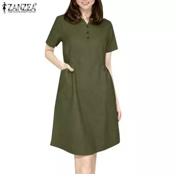 ZANZEA Женское повседневное однотонное платье с v-образным вырезом и коротким рукавом 5XL зелёный