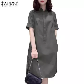 ZANZEA Женское повседневное однотонное платье с отложным воротником и короткими рукавами M хаки