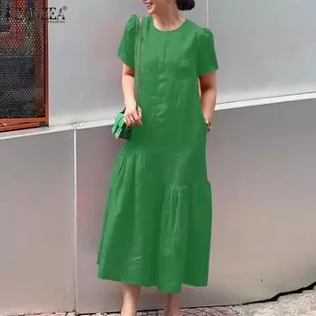 ZANZEA Женское повседневное однотонное платье с коротким рукавом и круглым вырезом