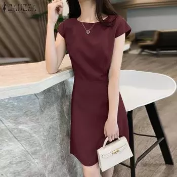 ZANZEA Женское повседневное однотонное платье с короткими рукавами и круглым вырезом 4XL вино красного