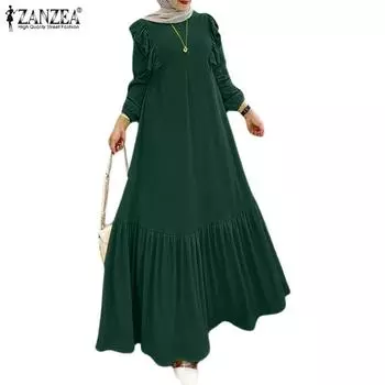 ZANZEA Женское повседневное однотонное платье с длинным рукавом и круглым вырезом L чёрный