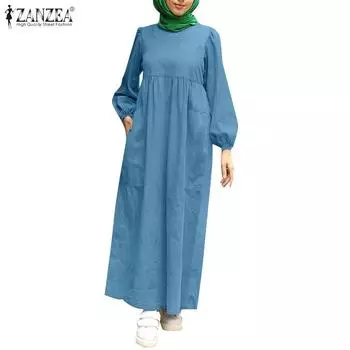 ZANZEA Женское повседневное однотонное платье с круглым вырезом и длинными рукавами S светло-синий