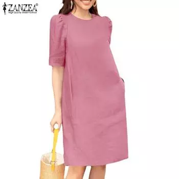 ZANZEA Женское повседневное однотонное платье с короткими рукавами и круглым вырезом 3XL хаки