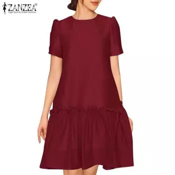 ZANZEA Женское повседневное однотонное платье с короткими рукавами и круглым вырезом 3XL розовый