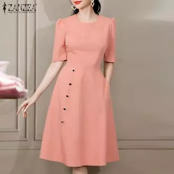 ZANZEA Женское повседневное однотонное платье с круглым вырезом и коротким рукавом S розовый