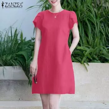 ZANZEA Женское повседневное однотонное платье с круглым вырезом и коротким рукавом 3XL темно-розовый