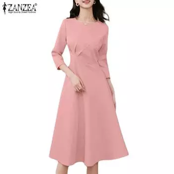 ZANZEA Женское повседневное однотонное платье трапециевидной формы с круглым вырезом и рукавами 3/4 2XL красный