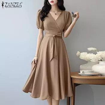 ZANZEA Женское повседневное однотонное платье трапециевидной формы с v-образным вырезом и короткими рукавами 5XL розовый