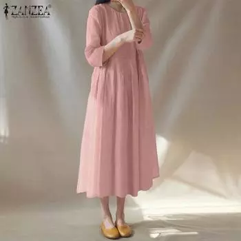 ZANZEA Женское повседневное однотонное свободное длинное платье с круглым вырезом и рукавом 3/4 2XL розовый
